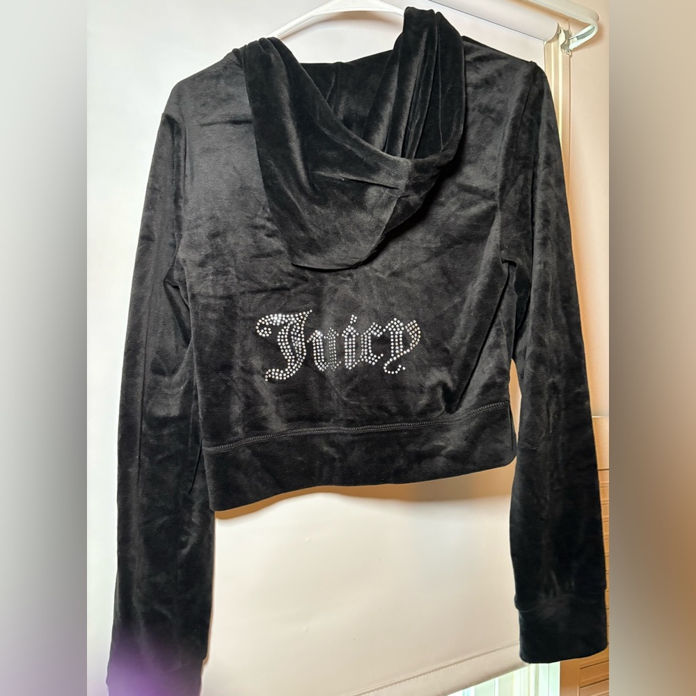 Juicy Couture Black Velour Hoodie with Rhinestone Detail